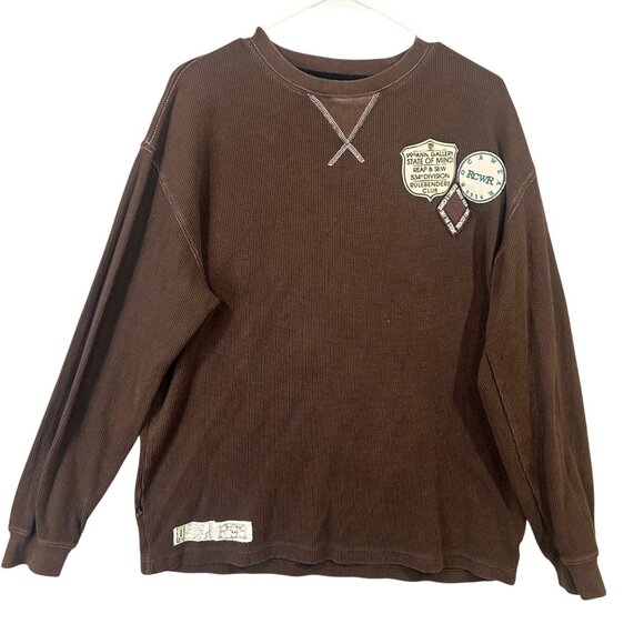 Rocawear Long Sleeve Thermal Men's Size L Brown Patches Faded Letters GUC - Picture 1 of 9